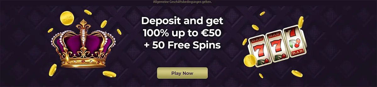 Casino bonus banner with crown and slot reels offering 100% up to €50 plus 50 free spins and a Play Now button.