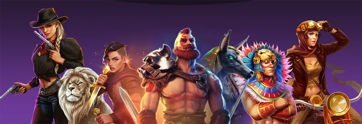 Fantasy casino characters including a cowgirl, lion, warrior, Egyptian pharaoh, and steampunk explorer on a purple background.