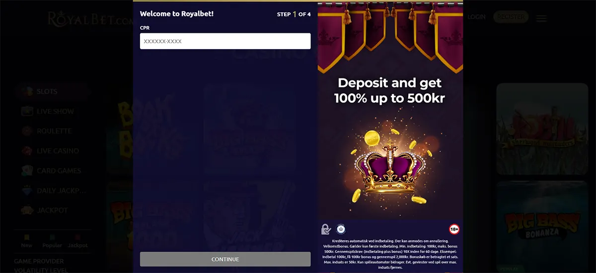 Royalbet registration screen with CPR input, welcome bonus banner showing 100% up to 500 kr, and a crown with gold coins.